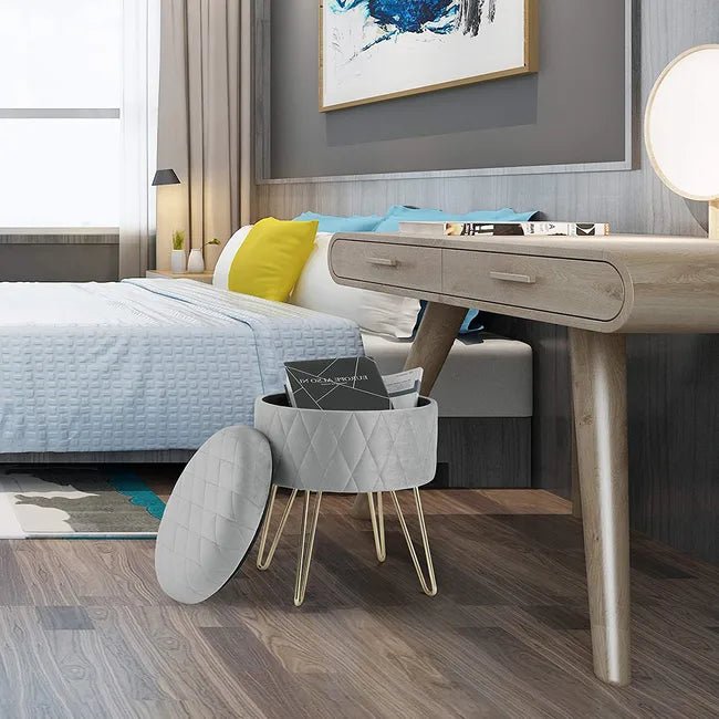 Tabouret Velours - VelvetRoundPuff™ - Gris Clair